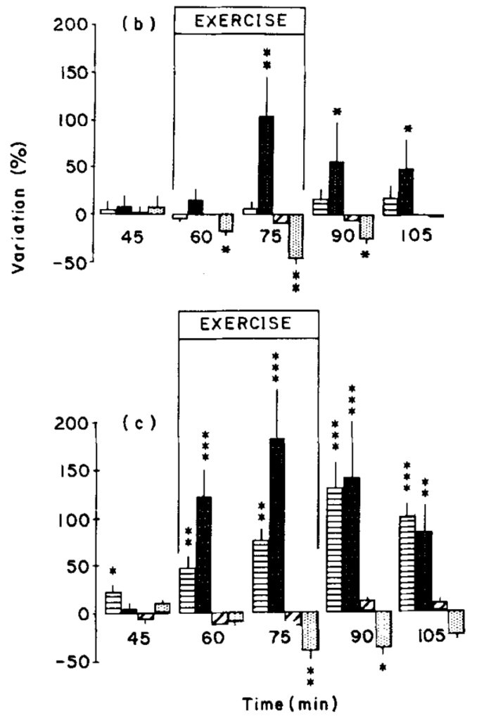 中性脂肪(横縞)とグリセロール(黒)の使用率
上段:運動のみ 下段:運動+ヨヒンビン
