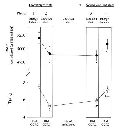 1:ダイエット開始時 2:ダイエット開始10日後 3:ダイエット終了時 4:ダイエット終了10日後
上:代謝率 下:甲状腺ホルモン