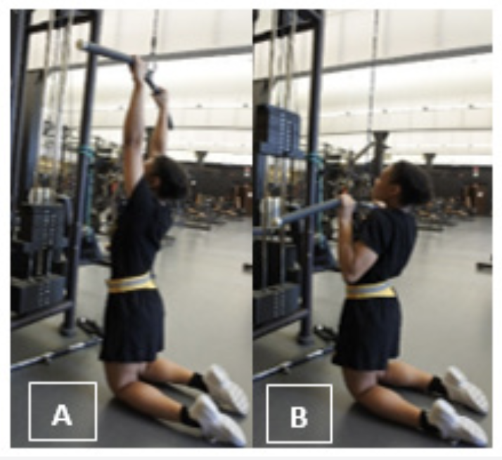 膝つきラットプルダウンの様子（A：スタート　B：フィニッシュ）