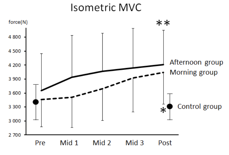 筋力の変化(実戦:夕方のトレーニング 点線:朝のトレーニング)