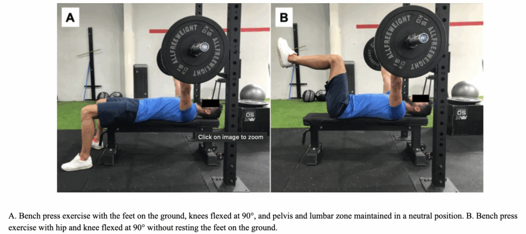 (A)ノーマルベンチプレス(B)足上げベンチプレス